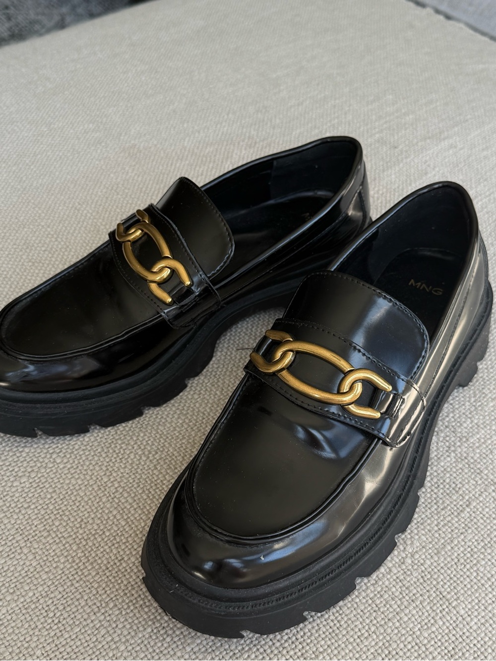 MNG Black Patent Chunky Loafers with Gold Chain 39